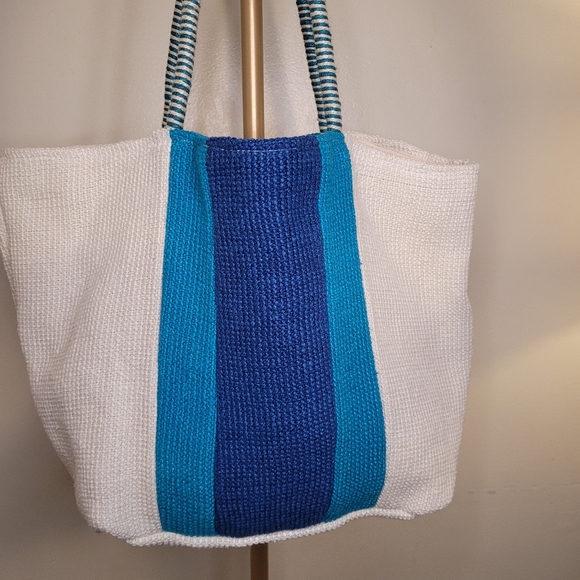 MixIt Multicolor Jute & Cotton Large Tote Bag Blue and Cream Tote Bag - Picture 7 of 15